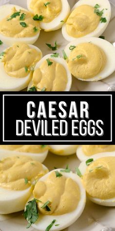 deviled eggs on a white plate with parsley garnish and text overlay