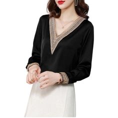 SURESTORY Women's Elegant Fashion Luxury Silk Designer Lace Trimmed Bl – Divine Inspiration Styles Chiffon Shirt Blouse, Elegant Clothing, Lace Trim Blouse, Straight Clothes, Shirts Women Fashion, Top Shirt Women, Luxury Silk, Chiffon Shirt, Blouse Shirt