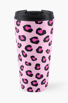 a pink and black leopard print travel mug on a white background with the words, i love