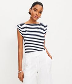 Sneak Preview | Loft Striped Boatneck Shirt Outfit, Casual Boat Neck Tops For Summer, Casual Summer Tops With Boat Neck, Chic Relaxed Fit Boat Neck Top, Summer Cotton Boat Neck Top, Cotton Boat Neck Tops For Summer, Boat Neck Cotton Top For Summer, Chic Cap Sleeve Tops For Summer, White Boat Neck Tops For Summer