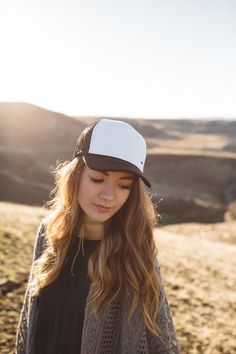 Low profile, white foam, snapback trucker hat with a black bill, and black mesh. Pearl Bride, Snap Backs, Black Mesh, Black Diamond, A Black, Low Profile, Two Tone, Trucker Hat, Crew Neck Sweatshirt