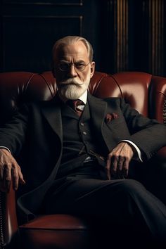 an old man in a suit and tie sitting in a chair with his hands on his hips