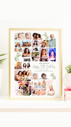 a family photo collage with the words happy birthday on it in gold frame next to a potted plant