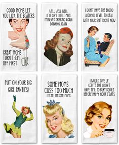 four different vintage style coasters with women in the kitchen and words that say, good morning