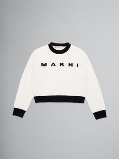 Crewneck, long-sleeved, wool-blend cashmere sweater with ribbed colorblock cuffs, hem and collar. Contrasting Marni logo on the front. Marni Sweater, Flat Heel Boots, Trunk Bag, Women Essentials, Boot Accessories, Lacing Sneakers, Sweaters Knitwear, Cool Socks, Cashmere Sweater