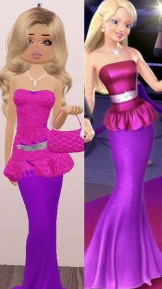 the barbie doll is wearing a purple dress