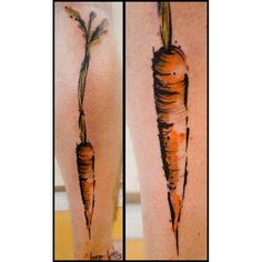 two pictures of carrots on the legs, one is orange and the other has black ink