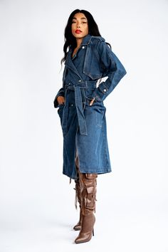 We reimagined the classic trench in timeless denim. This Denim Trench Coat brings a bold, urban twist to your outerwear lineup. Featuring contrast stitching, a removable belt, and spacious pockets, this trench is as functional as it is stylish. Perfect for layering over any outfit or if you're feeling bold? Wear it alone as a dress. It'll be your go-to piece this season. FEATURES Front denim button closure Removable belt with belt loops Spacious flap pockets and side pockets Contrast stitching f Denim Trench Coat Outfit, Denim Dress Outfit, Trench Coat Dress, 2024 Ideas, Trench Coat Outfit, Denim Trench Coat, Fantasy Closet, Denim Sweater, Coat Outfits