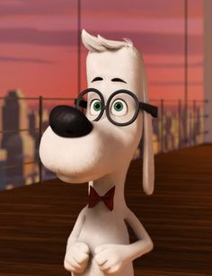 a cartoon dog with glasses and a bow tie standing in front of a cityscape