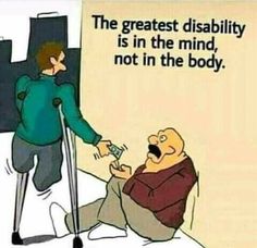 a cartoon depicting a man on crutches being assisted by an elderly person who is not in the body