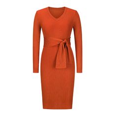 Orange V Neck Long Sleeve Dress with Belt Fall Orange V-neck Midi Dress, Slim Dresses, Mid Length Dresses, American Women, Types Of Skirts, Green Fashion, Dress Brands, Skirt Length, Winter Women