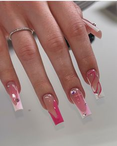 Cool Design Nails Creative, Young Miko Nails, Elegant Birthday Nails, V Cut French Tip Nails, French Tip Nails With Gems, Tapered Nails, Latina Nails, Amazon Beauty, Girly Acrylic Nails