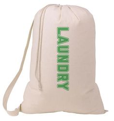 a white drawsack bag with the word laundry printed in green on it's side