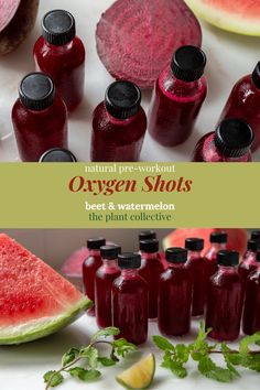 Images depicting oxygen shots in bottles filled with red juice, a blend of beets and watermelon. Juicing With Beets, Beet Shot Recipe, Diy Juice Shots, Watermelon Beet Juice Recipe, Juicing For Headaches, Beet Juice Shots, Healthy Juice Shots Recipes, Watermelon Beet Juice, Energy Shots Homemade