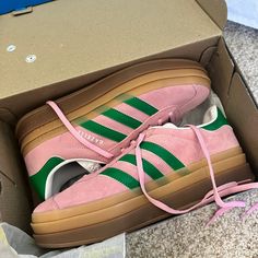 Adidas Bold Gazelle In True Pink With Green Stripes. New With Tags! Did Not Fit Me. My Loss Is Your Win. Platform Sneakers. Pink And Green Adidas Gazelle Outfit, Adidas Custom Pink High-top Sneakers, Adidas Pink High-top Custom Sneakers, Pink Adidas Custom High-top Sneakers, Adidas Casual Custom Pink Sneakers, Custom Pink Sneakers With Contrast Sole, Casual Pink Adidas Custom Sneakers, Pink And Green Sambas, Custom Pink Sneakers With Rubber Sole