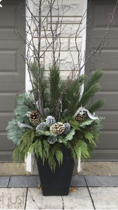 a potted plant with pine cones and evergreen branches in front of a garage door