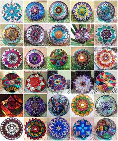 many pictures of different colored objects in the shape of circles and flowers, all on one page