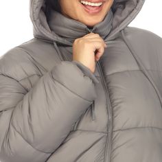 White Mark’s Full Front Zip Hooded Bomber Puffer Coat is Crafted from high-quality materials, this puffer coat is designed to provide insulation without feeling bulky. This puffer coat features a full front zip with a high collar, allowing you to bundle up and protect yourself from chilly winds. The zip closure provides easy on and off access, while the high collar and hood add an extra layer of warmth. Solid Insulated Puffer Jacket For Cold Weather, Gray Puffer Jacket For Cold Weather, Gray Hooded Puffer Outerwear, Puffer Coat Style, Casual Cotton Puffer Jacket With Double-lined Hood, Hooded Puffer Jacket With Double-lined Hood For Outdoor, Cotton Puffer Jacket With Double-lined Hood, Fitted Puffer Jacket With Double-lined Hood For Outdoor, Puffer Jacket Women