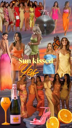 a collage of women in swimsuits with orange slices and wine glasses next to them