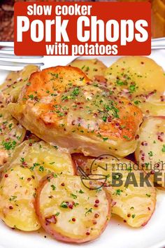 the cover of slow cooker pork chops with potatoes is shown on a white plate