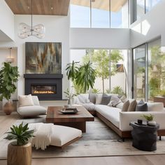 a living room with couches, chairs and a fire place in the middle of it