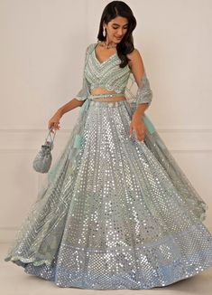 Chaand Lehenga Set Lehenga Studio Iris Blue Organza Lehenga, Lehenga Simple, Scallop Dupatta, Blouse Organza, Pastel Lehenga, Asian Princess, Lehenga And Blouse, Lehenga Bridesmaid, Indian Wedding Lehenga