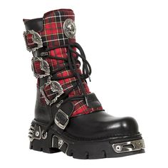 New Rock M.391T-S1 Reactor Tartan Half Boots (Black/Red) Emo Boots, Spanish Shoes, New Rock Boots, Rock Boots, Gothic Boots, Motorcycle Shoes, Half Boots, Punk Emo, Cyberpunk Style