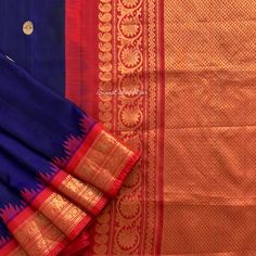 Introducing our exquisite Pure Gadwal Pattu Saree in Navy Blue and Red  This traditional masterpiece showcases the skillful artistry of handwoven Gadwal silk, creating a luxurious and ethereal drape. The Navy Blue and Red hues gracefully blend together, evoking a sense of timeless elegance and femininity. Adorned with intricate motifs and floral patterns, this saree is a perfect choice for any occasion, be it weddings, festivals, or special gatherings. Embrace the rich heritage of Indian textile Blue Traditional Wear With Weaving Work For Ceremonies, Blue Katan Silk Ceremonial Traditional Wear, Ceremonial Blue Chanderi Saree, Chanderi Saree With Temple Jewelry Style, Blue Traditional Wear With Weaving Work, Ceremonial Blue Katan Silk Traditional Wear, Elegant Traditional Wear With Weaving Work For Transitional Season, Blue Traditional Wear For Wedding With Weaving Work, Blue Katan Silk Saree For Ceremonial Occasions