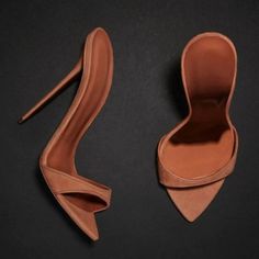 Pointed Toe Sandals With 4-inch Heel For Night Out, Pointed Toe Sandals For Night Out, Pointed Toe Sandals With Sculpted Heel For Night Out, Closed Toe Sandals With Sculpted Heel For Night Out, Brown Pointed Toe Sandals With 4-inch Heel, Brown Mules With 4-inch Heel For Party, Brown Party Mules With Wrapped Heel, Brown Party Mules With 4-inch Heel, Party Ankle Strap Mules With Heel Loop