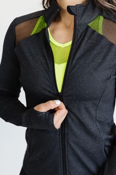 The lighter feel of this jacket keeps you warm to and from your workout. The unique mesh details provide ventilation but also shows off your favorite bra or top! The Fabric: 86% Rayon 14% Spandex not only wicks away sweat from the body but dries faster than other fabrics!! Black Fitted Nylon Track Jacket, Athleisure Sports Top With Mesh Sleeves, Nylon Activewear With Mesh Sleeves And Stretch, Fitted Track Jacket For Sports In Athleisure Style, High Stretch Track Jacket For Workout, Fitted Functional Track Jacket For Running, Nylon Activewear With Mesh Sleeves For Workout, Fitted Nylon Activewear With Mesh Sleeves, Black Stretch Track Jacket For Athleisure