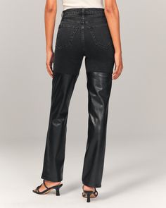 On-trend 90's-style ultra high rise straight jeans with built-in stretch for superior comfort featuring our highest rise that sits at your natural waist and looks great with your shirt tucked or untucked. With refined details and a vintage feel from top to bottom, this style features a longer-length inseam, black wash, on-trend vegan leather mixed fabric detail and clean hem. Trendy Black Straight Jeans, High Waist Straight Fit Jeans For Fall, Straight Fit High-waist Jeans For Fall, High Rise Straight Fit Pants For Fall, Black Jeans With Straight Hem For Fall, Black Straight Fit Bottoms For Fall, Black Straight Bottoms For Spring, Black Leather Straight Leg Jeans, Trendy Straight Jeans For Fall