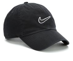 Get style and comfort year round wearing the Nike® Essential Swoosh Cap! These breathable fabric baseball cap has a curved bill and adjustable back strap for a secure fit. Breathable fabric construction, Adjustable back strap for a secure fit, Sweatband for added comfort, Curved bill cap design,2 1/2 inch bill, Nike® branding details, One size fits most | Nike Essential Swoosh Cap in Black/White Nike Dad Hat With Curved Brim, Nike Baseball Cap With Curved Brim For Sports, Nike Breathable Baseball Cap For Sports, Nike Curved Brim Baseball Cap For Sports, Nike Sporty Baseball Cap For Streetwear, Nike Casual Trucker Hat For Sports, Nike Casual Sports Trucker Hat, Nike Breathable Baseball Cap With Curved Brim, Nike Curved Bill Baseball Cap For Outdoor