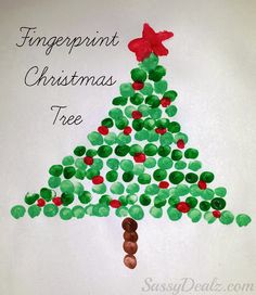 a christmas tree made out of buttons on a sheet of paper with the words, christmas fingerprint paintings