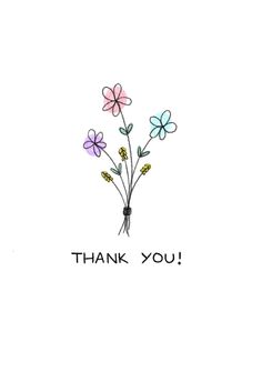 a thank card with flowers and the words thank you written in black ink on a white background