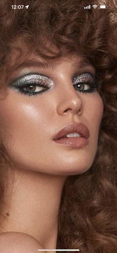 Glam 70s Makeup, Glam Disco Makeup, Disco Themed Party Makeup, Abba Makeup Ideas, Disco Hair Updo, 80s Disco Makeup Looks, Disco Party Hair And Makeup, Disco Look Makeup, 80s Makeup Looks And Hair