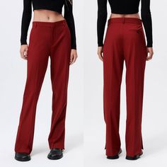 Zara Straight Leg Menswear Pants Burgundy Red - Small Brand New - With Tags !! Runs A Bit Large ( See Measurements Below ) High-Waisted Pants With Straight Leg. Vented Hems / Slits. Side Hand Pockets + Rear Welt Pockets. Belt Loops 63% Polyester 31% Viscose 6% Elastane Approximate Measurements: 14.5" Across Waist 11" Rise 18.5" Across Hips 32" Inseam S- Ee Formal Red Wide Leg Bottoms, Classic Red Wide Leg Bottoms, Classic Red Trousers, Tailored Classic Red Pants, Classic Tailored Red Pants, Classic Red Bottoms For Fall, Classic Formal Red Pants, Classic Red Formal Pants, Tailored Red Wide Leg Pants