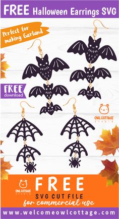 halloween earrings with bats hanging from them and the text free for commercial use on it