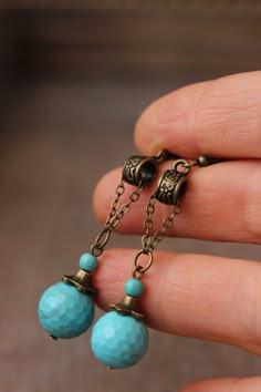 Unique Beaded Earrings, Jewelry Beads Ideas, Unique Diy Earrings Ideas, Whimsical Handmade Turquoise Earrings, Bohemian Turquoise Earrings With Gold Beads, Bohemian Turquoise Beaded Earrings With Brass, Brass Earrings Handmade, Bohemian Turquoise Beaded Brass Earrings, Earthy Turquoise Dangle Earrings