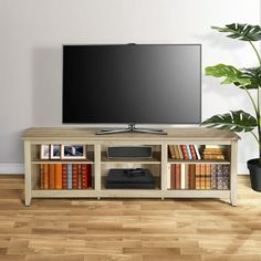 a flat screen tv sitting on top of a wooden shelf next to a potted plant