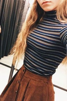 top turtleneck striped top skirt suede skirt trendy brown vintage hipster shirt striped shirt high neck button up skirt brown skirt mini skirt fall outfits fall sweater sweater navy stripes tan clothes indie Camel Skirts, Vintage Hipster, Brown Skirt, 90's Fashion, 가을 패션, Fall Winter Fashion, Looks Vintage