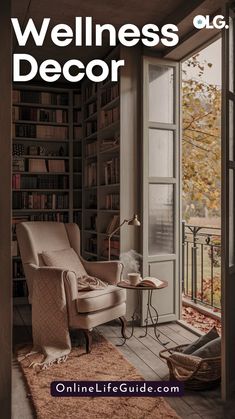 a chair sitting in front of a window next to a book shelf filled with books