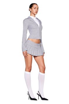 CLAUDETTE JACKET - GREY : PLAID | I.AM.GIA Blazer And Mini Skirt Outfits, Blazer Skirt Outfit, Blair Waldorf Outfits, Club Attire, Classy Skirts, Rich Clothes, Strapless Ruffle Dress, School Uniform Fashion, Festival Jacket