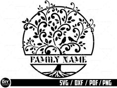 the family tree logo is shown in black and white, with an oval frame around it