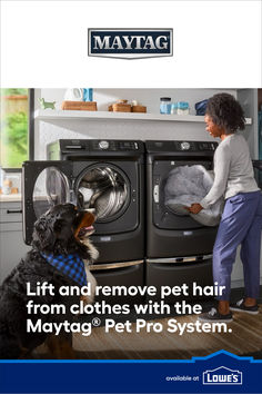 a woman and her dog are looking at the front loader of a dryer