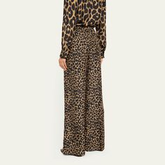 Max Mara "Ghinea" wide-leg trousers in an allover leopard print  Mid-rise; sits high on hip Elastic waist  Side slip pockets  Full length Relaxed fit  Silk Made in Italy Camel Pants, Cocktail Jacket, Printed Trousers, Lingerie Sleepwear, Max Mara, Wide Leg Trousers, Handbags On Sale, Travel Size Products, Wide Leg Pants