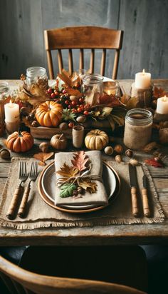 a table set for thanksgiving dinner with candles, plates and autumn leaves on it's placemats