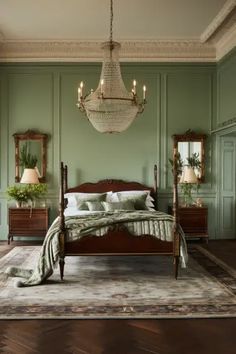 a bedroom with green walls and wooden flooring has a chandelier hanging from the ceiling