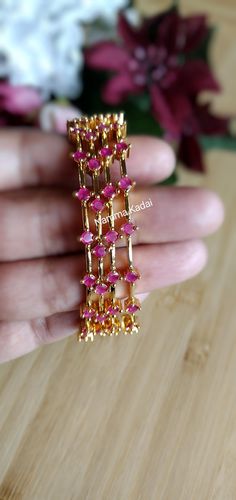 South Indian Premium quality Gold finish ad/CZ stone Bangles - Size 2.6 ONLY (set of 4) imitation jewelry  Available in 3 different stones * RUBY Pink  * EMERALD Green * WHITE ✓ Premium quality ✓ Elegant design ✓ Perfect for wedding, party, Pooja & family functions  ✓ Gold finish Wedding Ruby Bangle With Gemstones, Wedding Ruby Gemstone Bangle, Pink Stone Bangles In Gold, Hand-set Ruby Temple Jewelry Sets, Ruby And Emerald Bangles, Stone Bangles, Indian Bangles, Pink Emerald, Bangles Indian