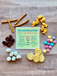 the easter story snack mix is laid out on a table with candy, crackers and pretzels