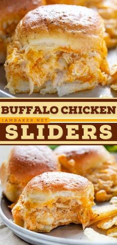 buffalo chicken sliders on a plate with text overlay